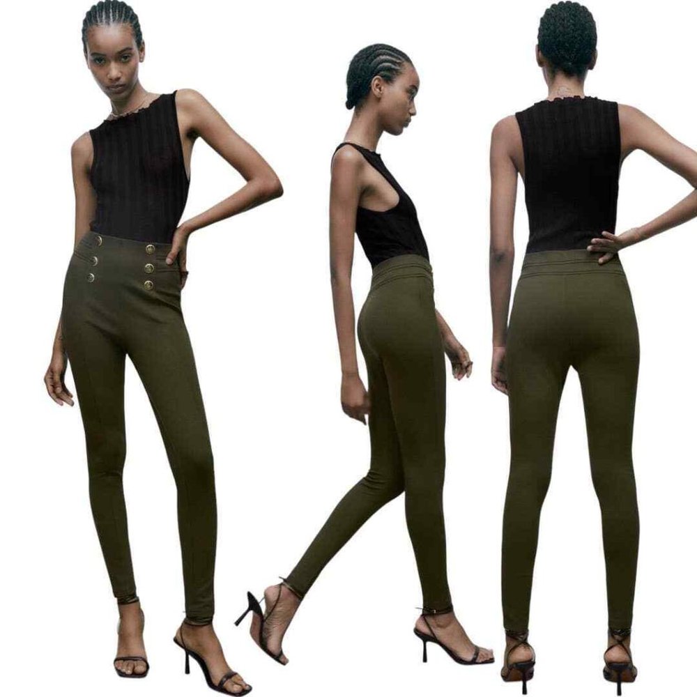ZARA Olive Green Gold Button Hi-Rise Leggings Size: XXL